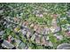 An aerial view of a residential area filled with lush trees, a community pool, and winding roads at 8101 E Dartmouth Ave # 22, Denver, CO 80231