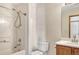 Bathroom with shower/tub combo and wood vanity at 5780 Raleigh Cir, Castle Rock, CO 80104