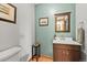 Cozy bathroom with a small vanity, updated sink and a view to the toilet at 6862 Independence Ct, Arvada, CO 80004