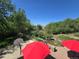 Paver patio with umbrellas in a large, mature, landscaped backyard at 6862 Independence Ct, Arvada, CO 80004