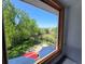 Window view shows a landscaped backyard with mature trees and a patio area with an umbrella at 6862 Independence Ct, Arvada, CO 80004