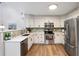 Well-lit kitchen with stainless steel appliances, white cabinets, and stylish backsplash at 7114 S Acoma Way, Littleton, CO 80120