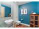 Stylish bathroom featuring a unique vessel sink, sleek fixtures, and eye-catching teal accent wall at 2100 16Th St # 600, Denver, CO 80202