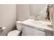 Clean, simple powder room featuring white vanity, countertop, and toilet at 1353 Reynolds St # 2B, Fort Lupton, CO 80621