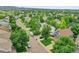 Community aerial view showcasing the neighborhood's lush greenery and well-maintained streets with mountain views at 8838 S Dudley St, Littleton, CO 80128