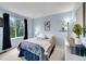 Cozy bedroom with plush carpeting, soft blue walls, and a large window with natural light at 8838 S Dudley St, Littleton, CO 80128