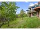 Backyard view showing grassy area with mature trees surrounding the home, and a glimpse of the covered deck above at 12653 Rancho Ct, Conifer, CO 80433