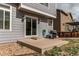 The backyard features a concrete patio and sliding doors to the house for indoor/outdoor living at 468 English Sparrow Trl, Highlands Ranch, CO 80129