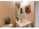 Cozy bathroom with a white sink, decorative mirror, tiled countertop and flower accent at 468 English Sparrow Trl, Highlands Ranch, CO 80129