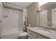 Clean bathroom featuring a vanity, toilet, shower and tub with neutral colors throughout at 11894 Elk Head Range Rd, Littleton, CO 80127