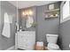 Contemporary bathroom with white vanity, round mirror, shelving, and shower with glass screen at 3024 S Sherman St, Englewood, CO 80113
