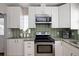 Contemporary kitchen with stainless appliances, granite countertops, white cabinetry, and decorative tile backsplash at 1290 S Elizabeth St, Denver, CO 80210