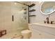 Modern bathroom featuring walk-in shower, floating shelves, updated fixtures, and vanity sink at 2166 Appaloosa Trl, Elizabeth, CO 80107