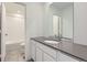 Bright bathroom featuring a white vanity with a gray countertop and tile floors, plus a tub/shower combo at 28625 E 6Th Pl, Watkins, CO 80137