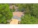 Aerial view of a light blue home featuring a two-car garage surrounded by lush green trees at 1502 Columbine Ave, Boulder, CO 80302