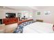 A well-lit bedroom with a large TV, study area, and bed with a decorative blue and white patterned coverlet at 1502 Columbine Ave, Boulder, CO 80302