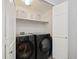 Functional laundry room with modern washer and dryer, and storage shelves at 16753 W 61St Ln, Golden, CO 80403
