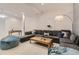 Finished basement with a large sectional sofa and a wooden coffee table illuminated by a floor lamp at 17423 Cornerstone Ln, Parker, CO 80134