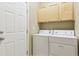 Well-lit laundry room includes a white washer and dryer, along with additional storage space at 22932 E Ontario Dr # 102, Aurora, CO 80016
