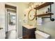 Stylish bathroom with a unique vanity, industrial-chic shelves, and a refreshing ambiance, blending functionality with modern flair at 2210 S Oakland Way, Aurora, CO 80014