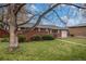 Quaint brick home with mature trees and a lush green lawn at 6613 Independence St, Arvada, CO 80004