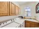 Functional laundry room with ample cabinet space, sink, and modern washer/dryer units at 7360 S Owens Ct, Littleton, CO 80127