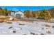 Backyard with snow, a gray shed, gravel area, and surrounding trees under a bright blue sky at 445 Beaver Rd # 4, Idaho Springs, CO 80452