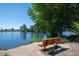 Serene view of a lake with a bench, providing a peaceful spot for relaxation at 1668 Holeman Dr, Erie, CO 80516