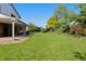 Spacious backyard with lush green grass, mature trees and a covered patio at 3907 E 133Rd Ct, Thornton, CO 80241