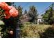 Lush backyard with mature trees, flowering bushes and a charming cottage-style house in the background at 1185 S Steele St, Denver, CO 80210