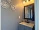 Modern powder room features a gray vanity, decorative mirror, and stylish wall decor at 20768 Randolph Pl, Denver, CO 80249