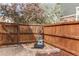 Fully-fenced backyard featuring a fountain and blossoming trees at 5597 S Buchanan St, Aurora, CO 80016