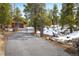 Rustic cabin exterior with a long driveway, woods, and a cozy outdoor fire pit seating area at 44 Linn Ln, Golden, CO 80403