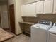 Bright laundry room features white cabinetry, countertop, and modern washer and dryer at 19640 Four Winds Way, Monument, CO 80132