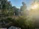 A backyard with some shade from the trees, a swing in the back, and a shed at 3075 N Elm Ave, Denver, CO 80207