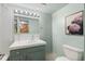 Updated bathroom featuring a modern vanity and decorative floral art at 3075 N Elm Ave, Denver, CO 80207