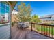 Back deck featuring a wood dining set, iron railings, and backyard views at 22227 E Hinsdale Ave, Aurora, CO 80016