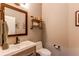 Powder room boasts a modern sink, decorative shelving, and an ornate mirror at 11043 Valleybrook Cir, Highlands Ranch, CO 80130