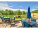 Inviting backyard with deck, seating area, umbrella, and lush greenery at 2295 Sandhurst Dr, Castle Rock, CO 80104