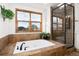 Bathroom features a walk-in shower, soaking tub, neutral tiling, and a large window to let in light at 9983 Cottoncreek Dr, Highlands Ranch, CO 80130