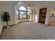 Spacious bonus room featuring a large arched window, plush carpet, and built-in shelving at 9983 Cottoncreek Dr, Highlands Ranch, CO 80130