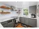 Charming kitchen featuring gray cabinetry, stainless steel appliances, and open shelving at 505 Detroit St, Denver, CO 80206