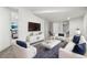 Finished basement living room with plush seating, a large TV, and modern decor, and an open floorplan at 4701 E Jewell Ave, Denver, CO 80222
