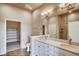 Double vanity bathroom with quartz countertop and large walk-in shower at 841 W 128Th Pl, Westminster, CO 80234