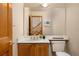 Bathroom featuring a single sink vanity, toilet, and mirror reflecting a partial view of the staircase at 6506 S Robb Way, Littleton, CO 80127
