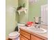 Cozy half-bathroom with fresh green paint features updated vanity, toilet, sink, and charming decor at 5483 Gunnison Dr, Frederick, CO 80504