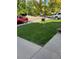 Well-manicured front yard with lush green grass, a young tree, and colorful potted flowers adding curb appeal at 9377 Weeping Willow Ct, Highlands Ranch, CO 80130