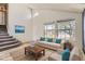 Bright living room featuring a vaulted ceiling, a large window, and neutral-colored furniture with blue accents at 6382 Freeport Dr, Highlands Ranch, CO 80130