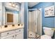 Updated bathroom featuring white cabinets, shower, and modern fixtures at 5750 W Atlantic Pl, Lakewood, CO 80227