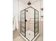 Modern bathroom with glass-enclosed shower, neutral tile work, and sleek black hardware, and built-in shelves at 2939 Osceola St, Denver, CO 80212